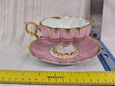 Royal Sealy China Japan Iridescent Gold & Pink Footed Cup & Reticulated Saucer - Image 1 of 3