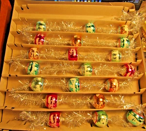 CHRISTOPHER RADKO Miniature Frosted Glass ORNAMENTS on Silver Tinsel Garland Box - Picture 1 of 8