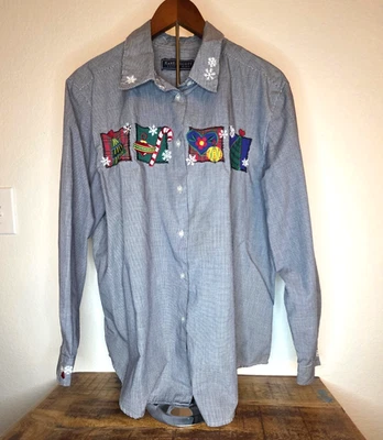 Vintage Karen Scott Cotton Rich Black Gingham Christmas Embroidered Shirt XL - Image 1 of 4