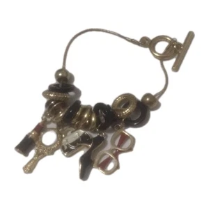 Gold Toned Fashion Charm Bracelet Red Lipstick Mirror Bag Heel Glasses 7" - Picture 1 of 2