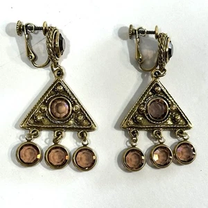 Goldette Ohrringe 50er Jahre Dreieck Hänger Schraubverschluss Rauchglas goldfarben Retro - Bild 1 von 14