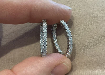 2.64 Carat Lab Created Diamond Round Cut Hoop Inlay Earrings 925 Platinum Plated - Image 1 of 4