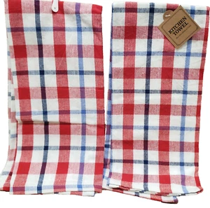 Set of 2 Same Jumbo Kitchen Tea Towels (18"x28") PATRIOTIC,BLUE & RED PLAID, HL - Picture 1 of 21