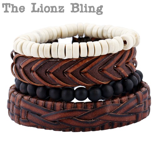 OFF WHITE 4 bracciali impilati in vera pelle e legno stile vintage tutto naturale