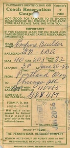 Pennsylvania Railroad Vintage Coach Reservation Ticket Empire Builder Train 1956 - Bild 1 von 2