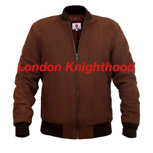 Mens Retro Brown Genuine Real Goat Suede Leather Bomber Baseball Varsity Jacket - Picture 1 of 4