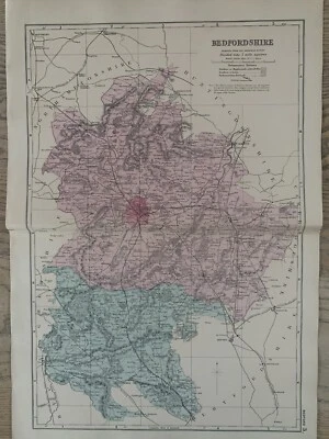 Mapa antiguo original del condado de Bedfordshire de 1886 coloreado a mano por G.W. Tocino Foto 1 de 3