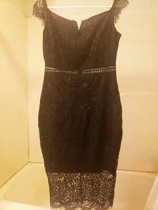 Womens Black Floral Lace Bodycon Off Shoulder Midi Cocktail Dress, Size M - Picture 1 of 6