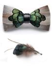 RBOCOTT Mens Handmade Feather Pre-tied Bow tie and Brooch Peacock Blue/Brown