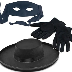 Schwarz Zorro Bandit Dieb Augenmaske Hut Handschuhe Kostüm Highwayman Kostüm Set - Bild 1 von 1