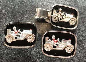 VTG Cufflink & Tie Clip Set Silver Tone Model T Ford Car Signed Swank MCM - Picture 1 of 13