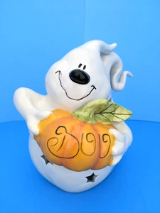 Blue Sky Clayworks Halloween Ghost Holding BOO Pumpkin w LED Tealight - Picture 1 of 10