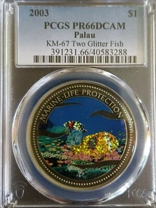 2003 Palau Two Glitter Fish Marine Life Protection $1 Proof PCGS PR66DCAM - Picture 1 of 2