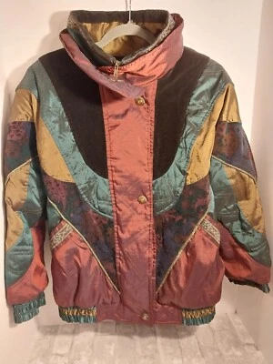 90's British Mist Wm's XS Rust Green Metallic Tapestry Full Zip Puffer Jacket  - Image 1 of 4