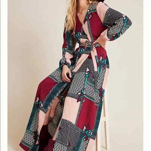 ANTHROPOLOGIE PORRIDGE Sm Virginia Patchwork Print Puffed Sleeve Wrap Maxi Dress - Picture 1 of 8