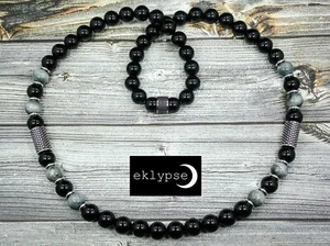 LUXE 24"L STAINLESS STEEL 10mm Gray Hawk Eye+Onyx Gemstone Beaded Men's Necklace - Picture 1 of 12