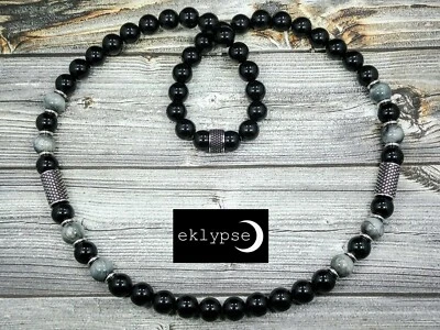 LUXE 24"L STAINLESS STEEL 10mm Gray Hawk Eye+Onyx Gemstone Beaded Men's Necklace - Image 1 of 4