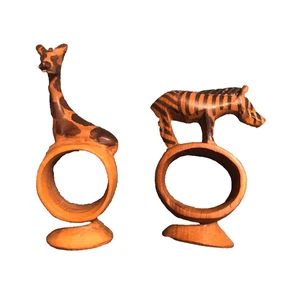 Giraffe & Zebra Hand Carved Wooden Decorative Napkin Rings Set of 2 - Picture 1 of 3
