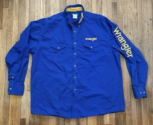 Vintage XL Wrangler Western Shirt Blue Yellow Rancher Rodeo Button Up Spell Out - Picture 1 of 8