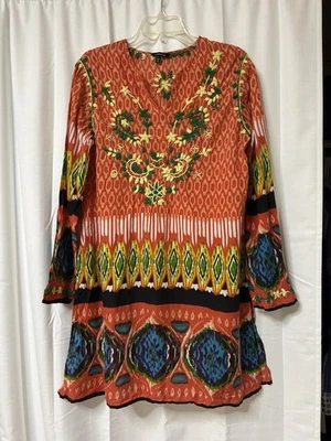 J Peterman цветной вышитый богемное V шеи платье размер L пляж цыганский Artsy - Изображение 1 из 4