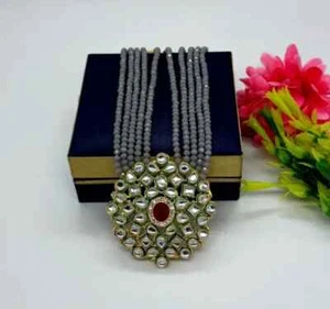 GREY PENDANT LONG SET RANI HAAR LONG KUNDAN NECKLACE SET WEDDING SET PARTY WEAR - Picture 1 of 4