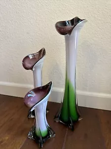Vtg Murano Style Calla Lily Jack In The Pulpit Vase Purple Art Glass Set Of 3 - Picture 1 of 6