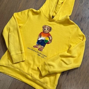 Polo Ralph Lauren Hoodie Youth L Yellow Polo Bear Graphic Fleece Lined Pullover - Picture 1 of 11