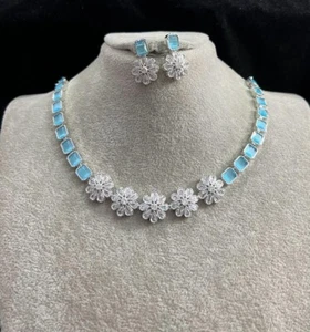 Indiano Bollywood Sposa Placcato Argento Gioielli Cz Collana Set Nozze Donna A03 - Foto 1 di 6