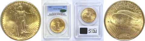1922 $20 Gold Coin PCGS MS-64 CAC Cover