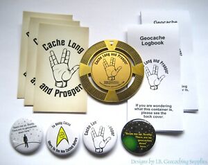 Cache Long & Prosper Geocaching Package (2.5" Geomedal Geocoin, Buttons, & more)