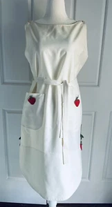 Vintage 1960s Ivory Cotton Pinafore Dress Novelty Strawberry Appliques Pockets S - Picture 1 of 8
