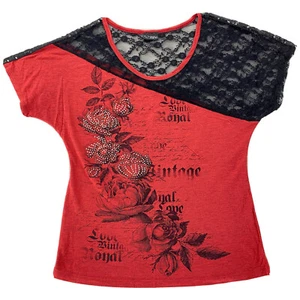 Womens Day Trip Red & Black  Short Sleeve Rhinestone Lace Top Blouse - Picture 1 of 7