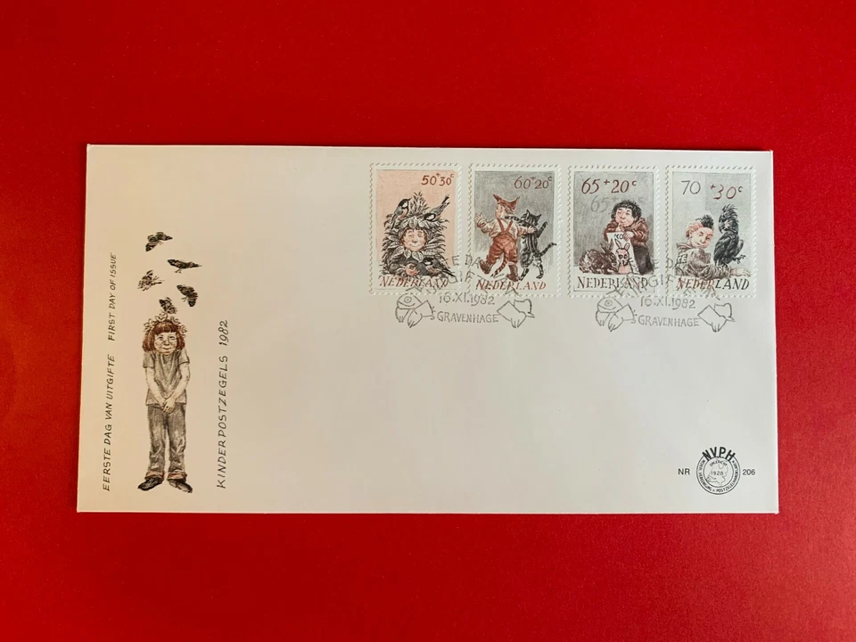 NETHERLANDS 1982 FDC 206 CHRISTMAS CHILD WELFARE BIRD CAT RABBIT - Image 1 of 1
