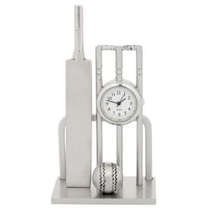 Cricket Bat & Wicket Desk Clock Techno Stainless Steel Quartz Sport Décor 11cm - Picture 1 of 1