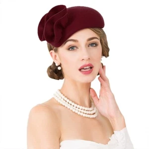 Burgundy Wool Felt Fascinator Hat for Women Elegant Wedding Party Church Style - Picture 1 of 1