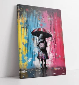 BANKSY STYLE UMBRELLA GIRL RAINBOW PINK -FRAMED CANVAS WALL ART PICTURE PRINT - Picture 1 of 2