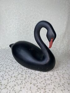 Vtg Handmade Hollow Body Black Swan Duck Decoy Figure Plastic Eyes Carved Look