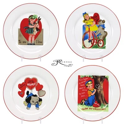 Rosanna RETRO - BE MY VALENTINE 8" Salad Dessert Plate Set 4 Vintage Card Mint - Image 1 of 4