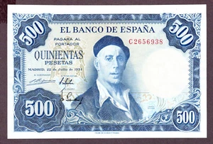 SPANIEN 500 PESETAS Banknote 1954 Zustand II+ XF+ SPL+ S/N C2656938 WPM 148a - Bild 1 von 2