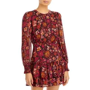 Aqua Metallic Floral Print Mini Dress long sleeve ruffled XS - Picture 1 of 4