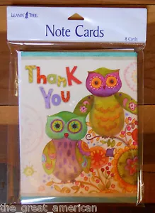 8 Leanin Tree Note Cards THANK YOU, Whimsical Colorful OWLS by Sue Zipkin USA - Picture 1 of 1