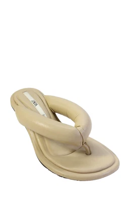 Zara Mujer Cuero Deslizable Tanga Acolchado Sandalia Tacones Beige Talla 37 7 Foto 1 de 4