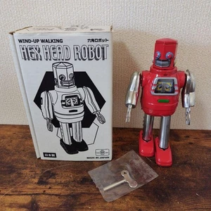 Metal House Tin Wind-Up Toy HEX HEAD Robot Red Figure W/BOX F/S FEDEX - Picture 1 of 10