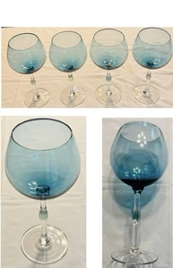 Pier 1 Imports Palloncino Bicchiere da Vino BLU Soffiato a Mano 24 oz. Jumbo Water set 4 pezzi - Foto 1 di 6