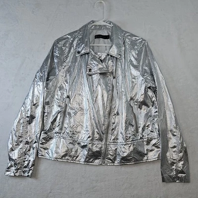 New York & Company Grande Plateado Metálico Nylon Cremallera Completa Motociclista Chaqueta Ligera  Foto 1 de 4