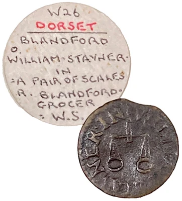 Dorset BLANDFORD hammered FARTHING token WILLIAM STAYNER grocer's scales - W# 26 - Image 1 of 4