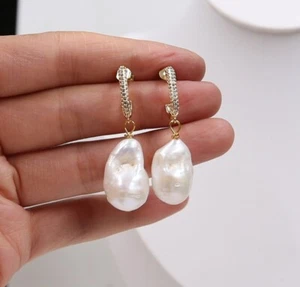 13.7X21.6 Natural White Drops Baroque Pearl Earring 18KGP Hook Irregular G12 - Picture 1 of 4