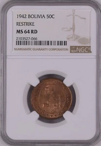 1942 Bolivia 50 Centavo Restrike NGC MS 64 RD - Picture 1 of 2