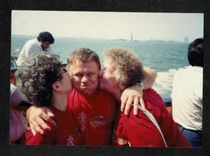 Vintage Photograph Two Women Kissing Man in Boat - Picture 1 of 1