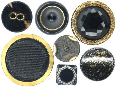 C1920 - 50 年代复古黑色玻璃银色金色光泽金石纽扣套装 7 .62-1.06 — 第 1/4 张图片